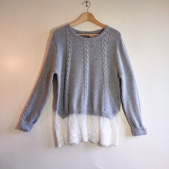 Monteau Soft Gray Sweater w/ Boho Lace Layer Women's XL Urban Street Trend - Picture 5 of 9